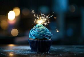 blue sparkling cupcake with a sparkler in the middle , AI Generative holiday, birthday concept photo