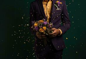 man in business suit holding a bouquet of flowers on green background, confetti like dots, dark gold and emerald, holiday, birthday concept AI Generative photo