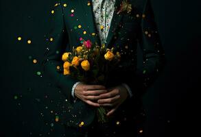 hombre en negocio traje participación un ramo de flores de flores ai generativo en verde fondo, papel picado me gusta puntos, oscuro oro y Esmeralda, día festivo, cumpleaños concepto foto