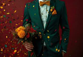 man presents flowers in a bouquet, AI Generative purple gold and emerald, holiday, birthday concept photo