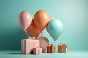 birthday balloons and gifts on a blue background AI Generative photo