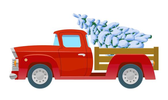 Side view of a red van with a Christmas tree in the back in cartoon style. Vector illustration