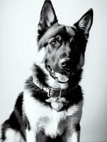 Happy German Shepherd Dog Black and White Monochrome Photo in Studio Lighting