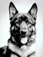 Happy German Shepherd Dog Black and White Monochrome Photo in Studio Lighting