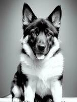 Happy German Shepherd Dog Black and White Monochrome Photo in Studio Lighting