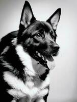 contento alemán pastor perro negro y blanco monocromo foto en estudio Encendiendo