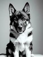 Happy German Shepherd Dog Black and White Monochrome Photo in Studio Lighting