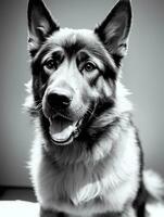 Happy German Shepherd Dog Black and White Monochrome Photo in Studio Lighting