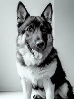 Happy German Shepherd Dog Black and White Monochrome Photo in Studio Lighting