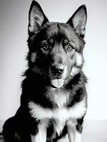 Happy German Shepherd Dog Black and White Monochrome Photo in Studio Lighting