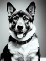 Happy German Shepherd Dog Black and White Monochrome Photo in Studio Lighting