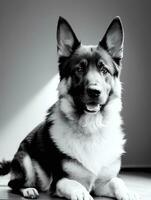 Happy German Shepherd Dog Black and White Monochrome Photo in Studio Lighting