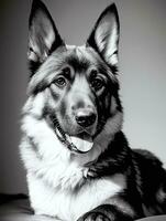 Happy German Shepherd Dog Black and White Monochrome Photo in Studio Lighting