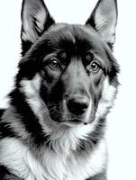 Happy German Shepherd Dog Black and White Monochrome Photo in Studio Lighting