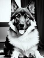 Happy German Shepherd Dog Black and White Monochrome Photo in Studio Lighting