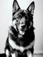 Happy German Shepherd Dog Black and White Monochrome Photo in Studio Lighting