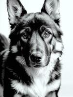 Happy German Shepherd Dog Black and White Monochrome Photo in Studio Lighting