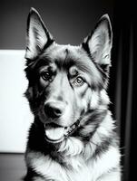 Happy German Shepherd Dog Black and White Monochrome Photo in Studio Lighting