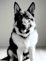 Happy German Shepherd Dog Black and White Monochrome Photo in Studio Lighting