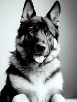 Happy German Shepherd Dog Black and White Monochrome Photo in Studio Lighting