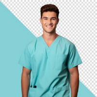 medicinsk, professionell och porträtt av en Lycklig läkare, sjuksköterska eller kirurg i skrubbar. förtroende psd