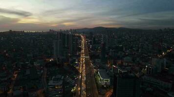 Nigth traffic, city night aerial drone view photo
