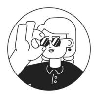 Cool young girl wearing sunglasses black and white 2D vector avatar illustration. Fashionable caucasian female blonde outline cartoon character face isolated. Express yourself flat user profile image