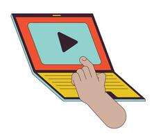 Watching streaming platform on laptop linear cartoon character hand illustration. Using video player on notebook outline 2D vector image, white background. Entertainment editable flat color clipart