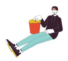 Korean young adult man taking popcorn from bucket 2D linear cartoon character. Asian boy grabbing popcorn isolated line vector person white background. Movie night home color flat spot illustration