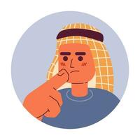 Keffiyeh arab man touching chin 2D vector avatar illustration. Head covering guy thoughts staring cartoon character face. Making decision. Body language flat color user profile image isolated on white