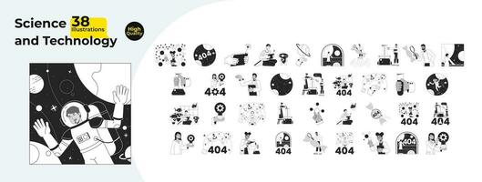 Science and technology black and white 2D illustration concepts bundle. White coat researchers diverse cartoon outline characters isolated on white. Robotics 404 error monochrome vector art collection