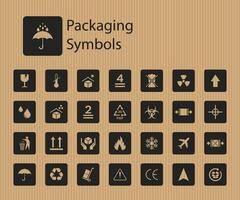 Packaging symbols set on cardboard background. Collection of cargo symbols, Packaging icons, Packaging signs vector