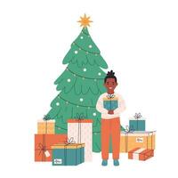 Black boy standing with gift boxes and celebrating Christmas or New Year. Christmas tree with presents vector