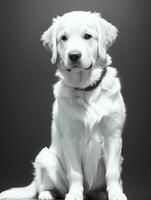 Happy Golden Retriever Dog Black and White Monochrome Photo in Studio Lighting