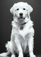 Happy Golden Retriever Dog Black and White Monochrome Photo in Studio Lighting