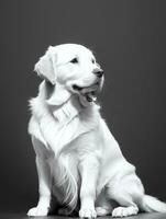 Happy Golden Retriever Dog Black and White Monochrome Photo in Studio Lighting