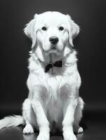 Happy Golden Retriever Dog Black and White Monochrome Photo in Studio Lighting