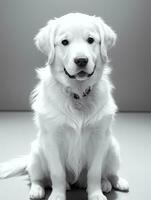 Happy Golden Retriever Dog Black and White Monochrome Photo in Studio Lighting