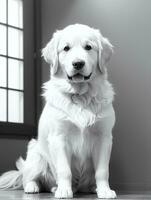 Happy Golden Retriever Dog Black and White Monochrome Photo in Studio Lighting