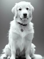 Happy Golden Retriever Dog Black and White Monochrome Photo in Studio Lighting