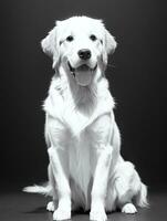 Happy Golden Retriever Dog Black and White Monochrome Photo in Studio Lighting