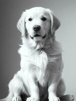 Happy Golden Retriever Dog Black and White Monochrome Photo in Studio Lighting