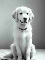 Happy Golden Retriever Dog Black and White Monochrome Photo in Studio Lighting