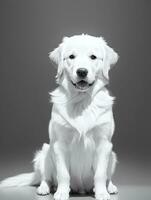 Happy Golden Retriever Dog Black and White Monochrome Photo in Studio Lighting