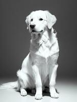 Happy Golden Retriever Dog Black and White Monochrome Photo in Studio Lighting