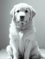 Happy Golden Retriever Dog Black and White Monochrome Photo in Studio Lighting