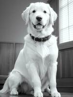 Happy Golden Retriever Dog Black and White Monochrome Photo in Studio Lighting