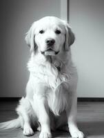 Happy Golden Retriever Dog Black and White Monochrome Photo in Studio Lighting