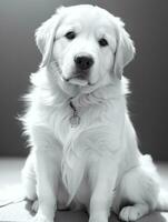 Happy Golden Retriever Dog Black and White Monochrome Photo in Studio Lighting