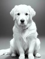 Happy Golden Retriever Dog Black and White Monochrome Photo in Studio Lighting